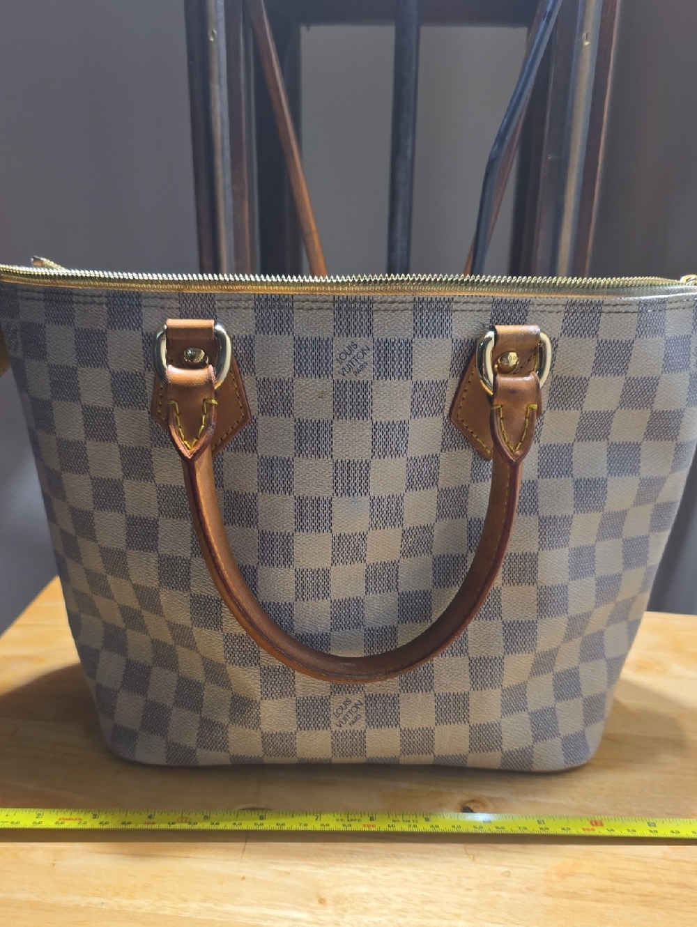 Louis Vuitton Checkered Canvas Tote in Blue and Cream with Brown Handles